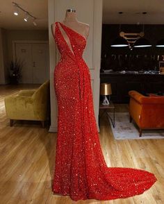 sparkly evening dresses long mermaid red one shoulder Red Long Prom Dress, Stile Blair Waldorf, Sequin Prom Dresses, فستان سهرة, Gala Dresses, Party Gowns, Long Prom Dress, Evening Dresses Long, Fancy Dresses