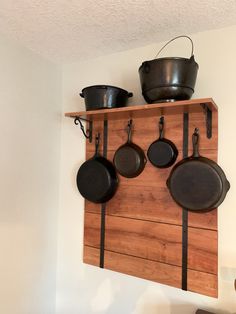 pots and pans are hanging on the wall