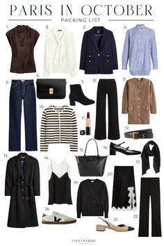 What to pack for Paris in October. Favorite items that are easy to mix and match for Paris in Fall. Packing list for Paris in October Packing List For Paris In Fall, Fall Outfits France, Paris In October Packing List, Paris Vacation Outfit Fall, Autumn City Break Wardrobe, Packing For France In October, Paris October Outfit Ideas, What To Wear In Montreal In Fall, Pack For Italy In October