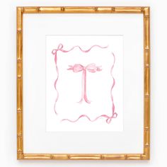 the letter t is drawn in pink ink on white paper with gold bamboo frame and border