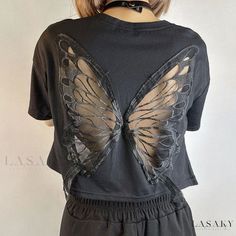 Lasaky - Black Lace Butterfly Exposed Navel Short T-shirt Fashionable Loose Hollow Out Short Sleeve Top Blusas Crop Top, Moda Grunge, Cutout Shorts, Tøp Aesthetic, Lace Butterfly, Black Mesh Top, Crop Top Shirts, Cool Clothes, Vintage Streetwear