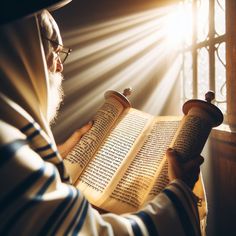 a man reading the koran in front of a window with sunlight streaming through it