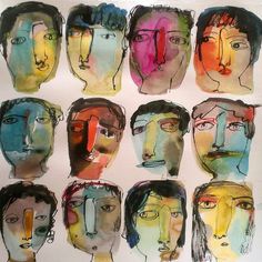 a group of people's faces painted in different colors and sizes, all on white paper