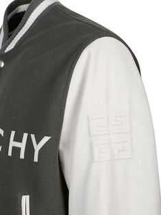 logo-embroidered button-up varsity jacket from Givenchy (VIP) featuring dark green, striped edge, embroidered logo at the chest, ribbed band collar, front press-stud fastening, two front welt pockets and calf leather/wool blend. This item is in size 52 and the color is Designer Outerwear With Logo For Streetwear, Designer Streetwear Outerwear With Logo Detail, Designer Outerwear With Logo Detail For Streetwear, Varsity Jacket With Logo Detail, Designer College Varsity Jacket With Ribbed Cuffs, Designer Varsity Jacket With Ribbed Cuffs For College, Designer Streetwear Outerwear With Logo Print, Designer Outerwear With Logo Print, Designer Long Sleeve Varsity Jacket With Embroidered Logo