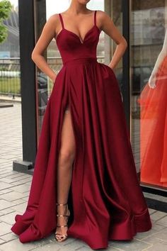 High Thigh Slit Burgundy Formal Prom Dresses with Double Straps by RosyProm, $135.84 USD Black Prom Gown, Prom Dresses With Pockets, 파티 드레스, Banquet Dresses, Long Prom Gowns, Evening Party Gowns, Burgundy Prom Dress, Grad Dresses