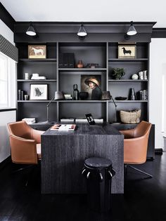 a black and white office with leather chairs