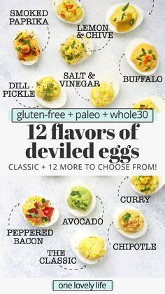 the ingredients for deviled eggs are shown in this recipe book, which includes different types of deviled eggs and how to cook deviled eggs