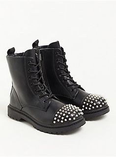 Plus Size - Stevie Combat Boot - Faux Leather Black (WW) - Torrid Studded Boots Outfit, Combat Boots For Women, Tall Combat Boots, Halloween Costumes Easy, Studded Combat Boots, Shoe Refashion, Rock Boots, Wide Width Boots, Diy Halloween Costumes Easy