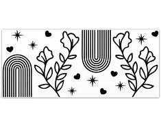 a black and white drawing of plants on a white background with hearts, stars, and stripes