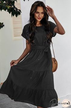 Simple Solid Color Cotton Short Sleeve A-line Dress Tie Waist Maxi Dress, Short Sleeve Maxi Dresses, Neck Wrap, Tea Length, Black Maxi Dress, Cotton Shorts, Women's Fashion Dresses, A Line Dress, Wrap Dress