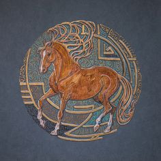 a drawing of a brown horse in a circular design on a blue background with gold accents