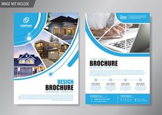 a brochure design with blue and white shapes