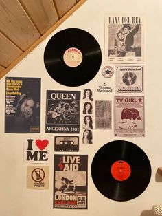 various records and stickers are on the wall