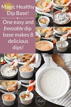 a collage of photos showing different dips