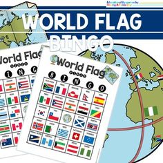 the world flag bingo game is shown with two flags on each side and an airplane flying over it