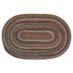 the oval rug is made from multicolored yarn and has two rows of braiding on