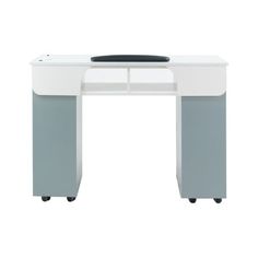 a white and grey computer desk on wheels