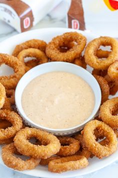 a plate with onion rings and a bowl of sauce on it that says zesty sauce