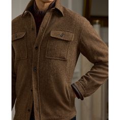 This Italian-crafted shirt unites a silhouette inspired by vintage utilitarian garments with a wool-and-cashmere blend that was custom-woven by Magee 1866 in Ireland. Classic Fall Shirt With Buttons, Brown Casual Collar Top For Winter, Luxury Brown Long Sleeve Tops, Wool Button-up Top For Winter, Ralph Lauren Long Sleeve Outerwear With Welt Pockets, Ralph Lauren Casual Brown Outerwear, Brown Spread Collar Shirt For Winter, Casual Ralph Lauren Brown Outerwear, Classic Winter Shirt With Relaxed Fit