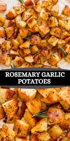 rosemary garlic potatoes on a white plate with the words rosemary garlic potatoes above it and below