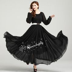 Chiffon Black Autumn Long Sleeve Party Big Hem Dress Evening Wedding Maternity Lightweight Holiay Beach Bridesmaid Maxi Skirt    Detail Info:    ❤ Black Party Chiffon Dress In Georgette, Elegant Black Georgette Maxi Dress, Black Fitted Chiffon Dress For Wedding, Fitted Black Chiffon Dress For Wedding, Flowy Black Floor-length Chiffon Dress, Black Flowy Floor-length Dress, Black Floor-length Chiffon Dress, Long-sleeved Black Bridesmaid Dress, Black Long-sleeve Bridesmaid Dress