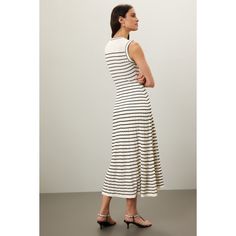 White stripes (Lower main fabric: 80% viscose, 20% polyamide, Upper main fabric: 52% viscose, 45% polyamide, 3% elastane). Shirt dress. Sleeveless. V-neck. Pull on. 50" from shoulder to hemline. Imported. Sleeveless Striped Hem Dress, Spring Midi-length Dress With Striped Hem, Sandro Knit Dress, Vertical Striped Dress Black And White, Straw Clutch, Rent The Runway, Gold Accessories, Closet Designs, White Stripe