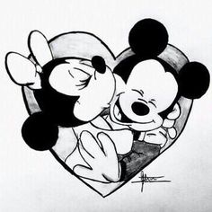 a drawing of mickey and minnie mouse in a heart with the words i love you