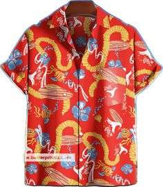 a red shirt with yellow and blue designs on it