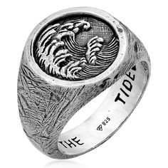 The Tide ring is made from oxidized 925 Sterling silver. The 1,8cm signet represents a breaking wave and the words “Turn The Tide” are carved into the inside of the ring.Turning the tide is an idiom to reverse something dramatically, in this case a reminder to treat the ocean with respect and turn the pollution around. made from oxidized 925 Sterling silver this product does not tarnish or change colour but we still recommend not to wear it in sea water Ring Turning, Silver Ring Designs, Real Jewelry, Mens Silver Rings, Timeless Jewelry, Men's Jewelry Rings, Men's Rings, Recycled Sterling Silver, Signet Ring