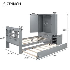 the measurements for a bed frame with drawers and storage compartments on each side are shown