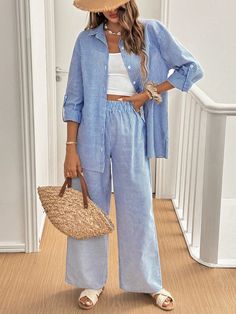 2 peças/Conjunto Camisa de Manga Longa e Calça Listrada de Linho Casual de Férias Azul Casual    Simples  Não elástico  Women Clothing, size features are:Bust: ,Length: ,Sleeve Length: Teacher Outfits Fall, Blue And White Striped Shirt, Drop Shoulder Shirt, Striped Wide Leg Pants, Womens Fall Dress, Two Piece Pants Set, Striped Long Sleeve Shirt, Teacher Outfits, Striped Linen