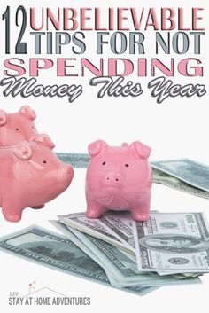 two pink piggy banks sitting on top of money with the words, 12 unbelevable tips for not spending money this year