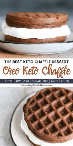 the best keto waffle dessert with chocolate and whipped cream on top is shown