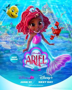 the little mermaid from disney's animated movie ariel is shown in this promotional image