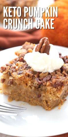 A piece of Keto Pumpkin Dump Cake on a white plate with a fork. Keto Pumpkin Crunch Cake, Keto Pumpkin Cake, Dessert Pumpkin, Pumpkin Crunch Cake, Keto Holiday Recipes, Pumpkin Crunch, Pecan Topping, Pumpkin Custard