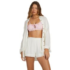 Billabong Women`s In The Tide Striped Button-Down Shirt Oversized Checked Shirt Outfit, White Long Shirt Outfit, Checked Shirt Outfit, Oversized Checked Shirt, Salt Crystal, Billabong Women, Crystal White, Elastic Waist Shorts, Curvy Outfits