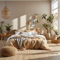 a large bed sitting next to a window in a room with potted plants on the floor