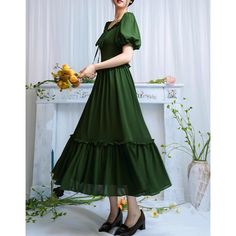 Deep green forest-colored retro dress – remulia Dark Green Elegant Ruffle Dress, Dark Green Ruffled Dress For Party, Elegant Dark Green Ruffled Dress, Elegant Dark Green Dress With Ruffles, Green Flowy A-line Chiffon Dress, Green A-line Dress For Garden Party, Retro Solid Color Midi Dress, Dark Green Short Sleeve Dresses For Spring, A-line Chiffon Dress For Garden Party