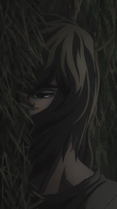 an anime character with long hair standing in front of some bushes and looking at the camera