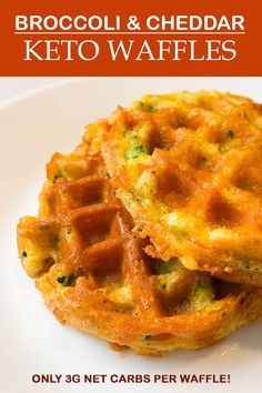 broccoli and cheddar keto waffles on a white plate