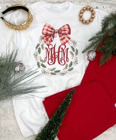 Monogram Christmas Wreath, Christmas Wardrobe, Bow Graphic, Applique Tee, Christmas Monogram, Plaid Bow, Embroidery And Stitching, Holiday Gathering, Individual Style