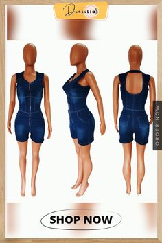 Sleeveless Open Back Bodycon Denim Romper Sleeveless Stretch Denim Jumpsuit In Medium Wash, Trendy Fitted Shortalls, Fitted Sleeveless Shortalls For Spring, Blue Sleeveless Shortalls For Summer, Sleeveless Blue Shortalls For Summer, Sleeveless Stretch Denim Jumpsuits And Rompers, Sleeveless Stretch Denim Jumpsuit, Stretch Denim Sleeveless Overalls, Stretch Sleeveless Denim Overalls