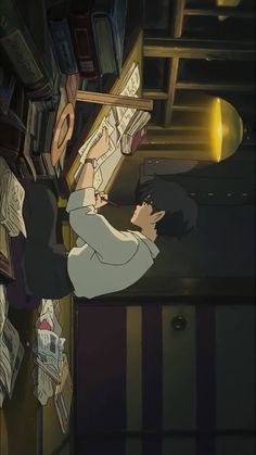 an anime scene with a man reading a newspaper