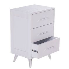 a white nightstand with two drawers on one side and an open drawer on the other