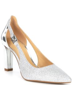 From Michael Kors&#x2C; the Emily Flex Glitter Pumps feature:Glitter fabric and specchio leather upperSlip onSynthetic liningRubber outsoleApprox. 3.25" covered heel heightExclusive to Dillard'sImported. Glitter Pumps, Bridal Heels, Glitter Fabric, Michael Kors, Glitter, Pumps, Women Shoes, Heels, Leather