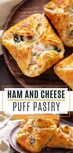 ham and cheese puff pastry on a plate with text overlay that reads ham and cheese puff pastry