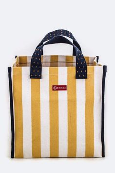 Length - 13.5" Width - 8" Height - 13" / 18" With Handle Canvas Material Lead & Nickel Compliant Wrap Shoes, Novelty Socks, Active Wear Pants, Yellow Stripes, Tie Shoes, Large Canvas, Shopping Tote, Navy Stripes, Mitten Gloves