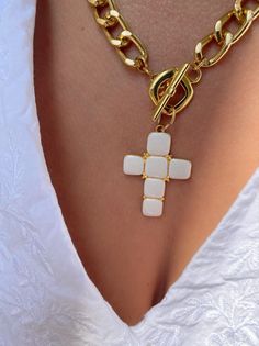 A handmade gold necklace with a unique Cross charm at the center that has a white type of stones on it that are made from enamel. The connection is at the front side with a circle part so it can not be adjusted. In Christina Christi Jewels store you can see more than 50 designs in Women's Necklaces. You can have them in 2-4 Days with DHL EXPRESS SHIPPING MATERIALS - Gold filled Chains are made from Aluminium. - White Cross charm made from brass with White type of stones on it (enamel). DIMENSION Handmade Yellow Gold Enamel Necklaces, Handmade Yellow Gold Enamel Necklace, White Metal Clavicle Chain Jewelry, Handmade Gold Enamel Necklaces, Gold Enamel Necklace With Chain, Enamel Chain Jewelry As A Gift, Enamel Chain Jewelry As Gift, Enamel Chain Jewelry For Gifts, Gold Enamel Necklace With Adjustable Chain