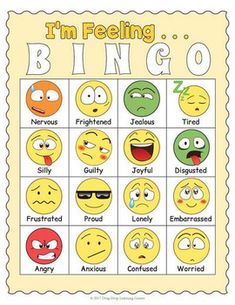 i'm feeling bingo game with different emoticions and expressions on the cards