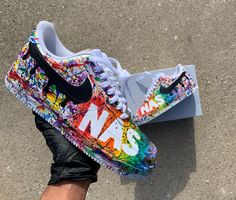 Custom Air Force 1 - multicolor splatter effect with black drip on swoosh. Put name of choice in personalize.  Hand painted with angelus acrylic paints also painting technique with brush. Final protection will be applied for every artcraft.  Shoe: Nike Air Force 1 07 Men/Women Painting materials: angelus acrylic paint. Processing Time: Please allow 3-4 weeks for item to be shipped.  Check your size and color carefully before ordering (size reference can be found in listing pictures) Message for Multicolor Custom Sneakers With Paint Splatter For Streetwear, Black Custom Sneakers With Paint Splatter For Streetwear, Customizable Multicolor Sneakers For Streetwear, Custom Shoes Men, Painting Materials, Custom Nike Shoes, Unique Sneakers, Air Force 1 Custom, Custom Air Force 1